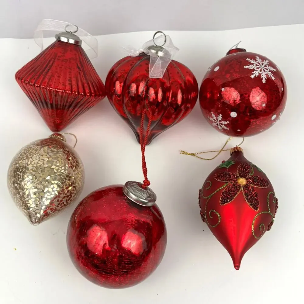 VTG Lot of 6 Glitter Glass Ornaments Round‎ Sphere Red Gold Heavy Tree Decor